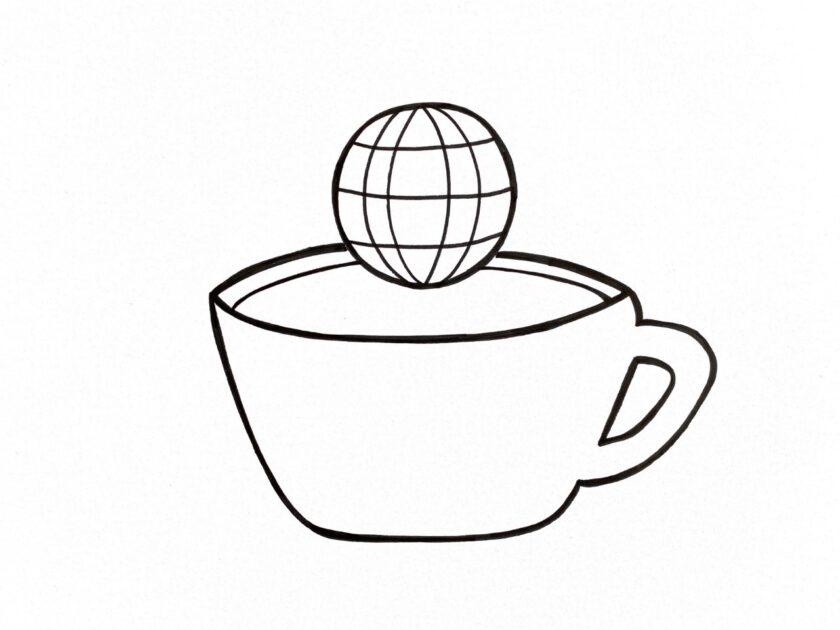 Skizzierte Kaffeetasse über der eine Erdkugel schwebt als Symbol für die World Café Methode