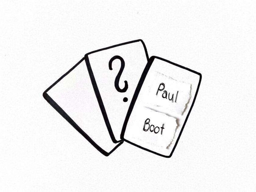Skizzierte Fragekarten, eine davon mit der Aufschrift Paul Boot