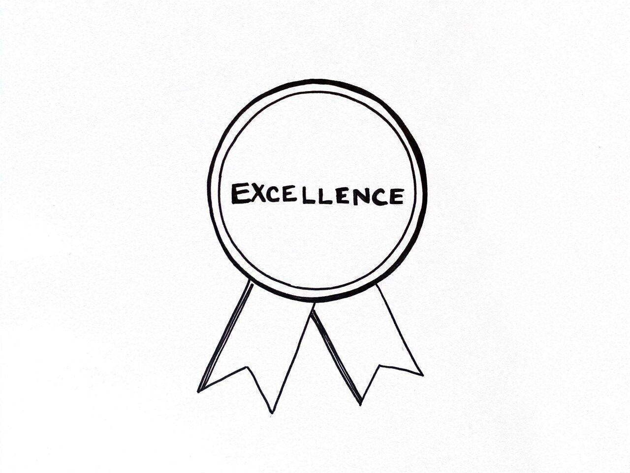 Skizze eines Auszeichnung mit dem Wort "excellence" als Symbol für Qualität steigern im Unternehmen