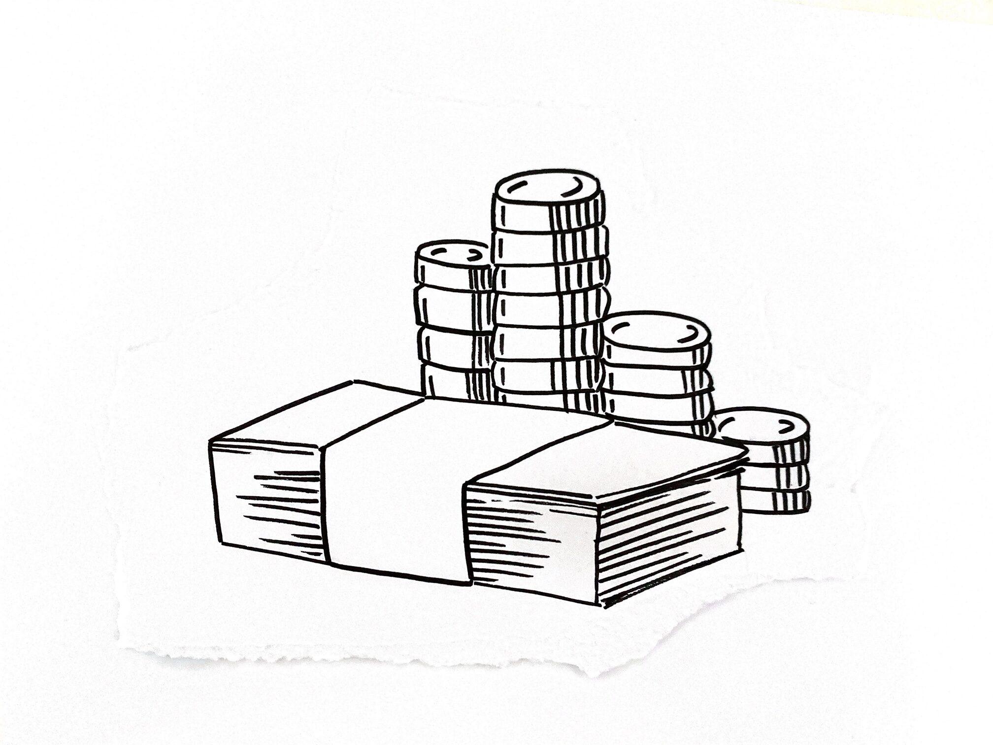 Skizzierte Banknoten und Münzen als Symbol für den Erfahrungsbericht "Prozessoptimierung im Finanzinstitut"