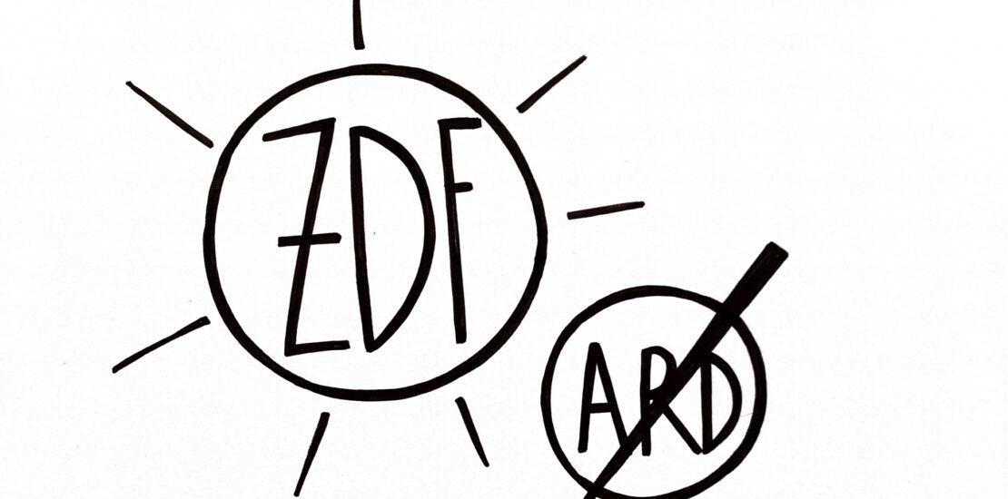 Zwei skizzierte Kreis, im einen steht ZDF geschrieben, im anderen ARD. Derjenige mit ARD ist durchgestrichen.