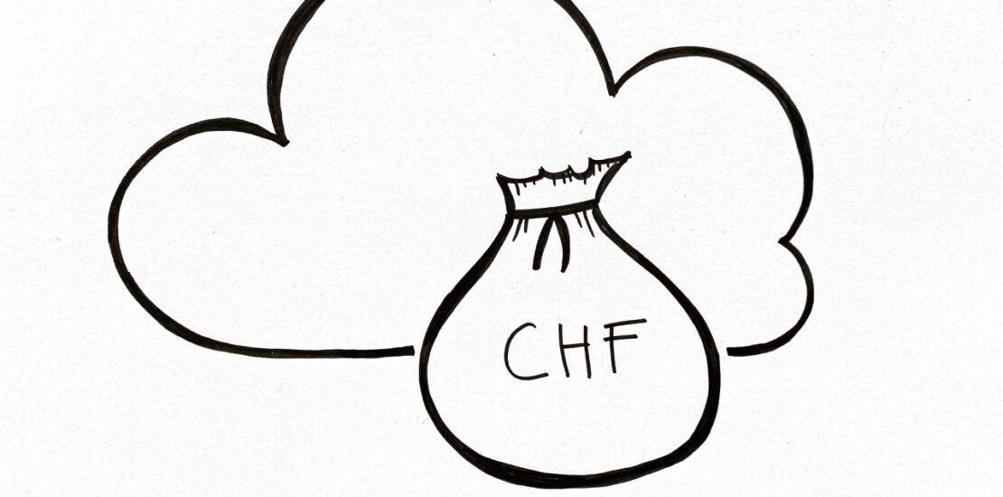 Eine skizzierte Wolke und vorne dran ein Geldsack als Symbol für Kosten sparen durch Digitalisierung