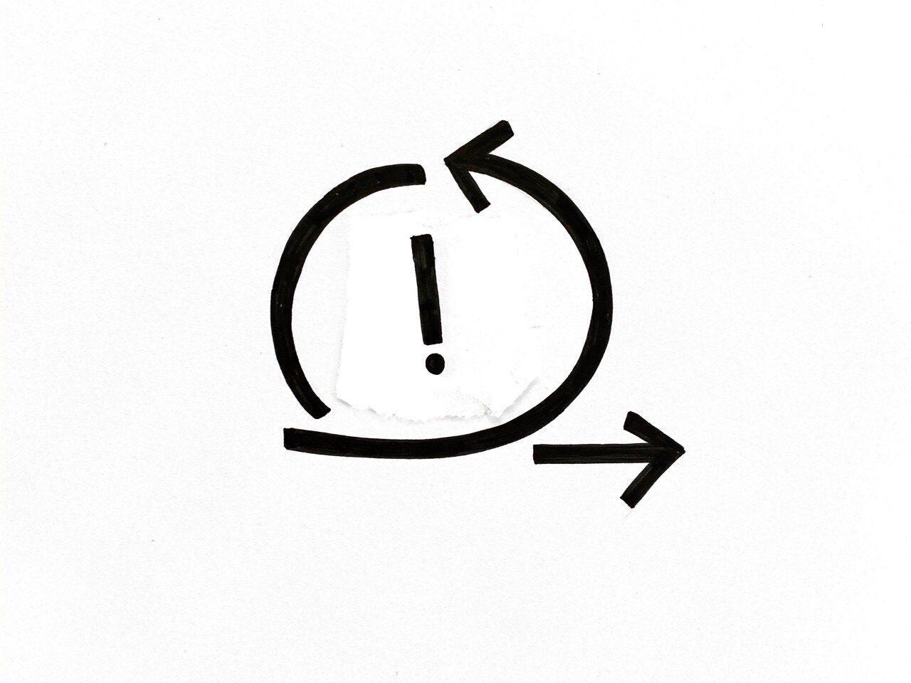 Skizzierter Pfeil, der sich im Kreis dreht und dann rechts unten weg geht, mit einem Ausrufezeichen in der Mitte. Als Symbol für "Wie bringt man Mitarbeitende dazu, Probleme agil zu lösen?"