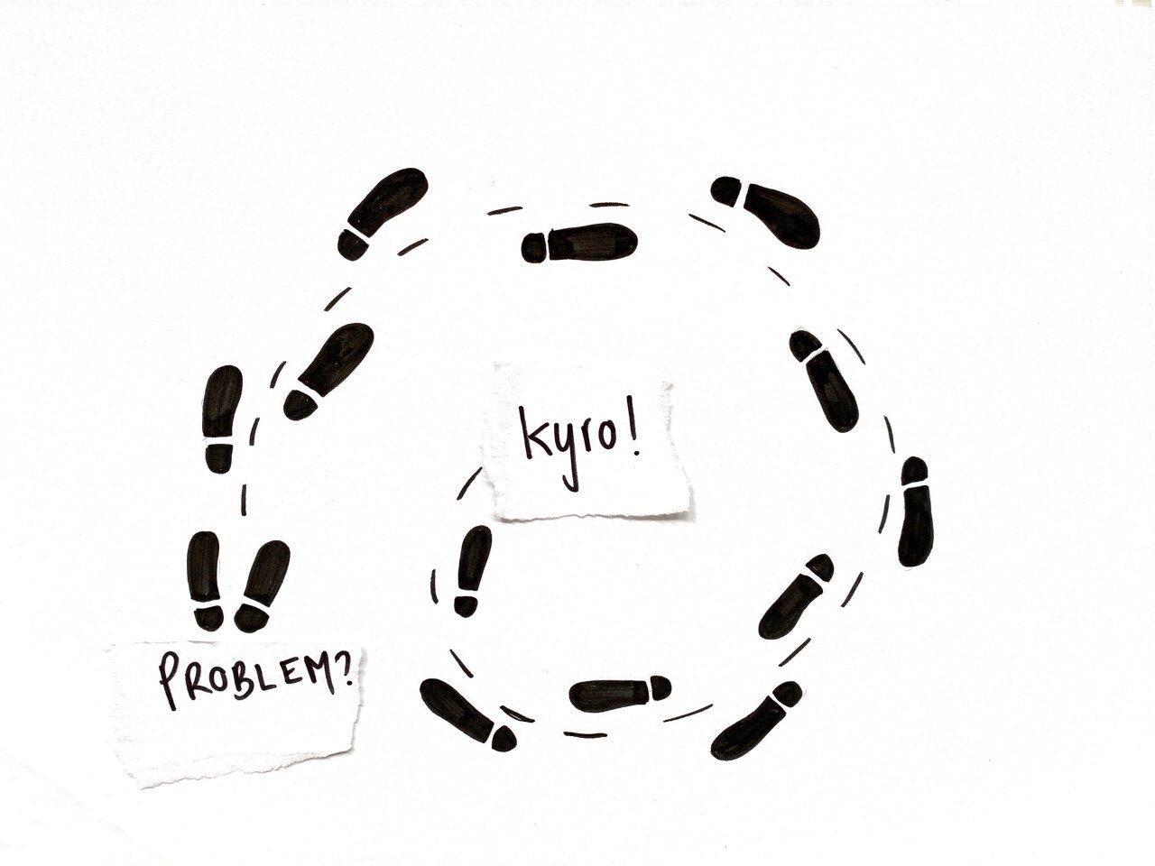Skizzierte Schuhabdrücke, die sich in einer Schlaufe vom Wort Problem zum Wort kyro ziehen. Als Symbol für den Beitrag Behebe Probleme Schritt für Schritt mit kyro