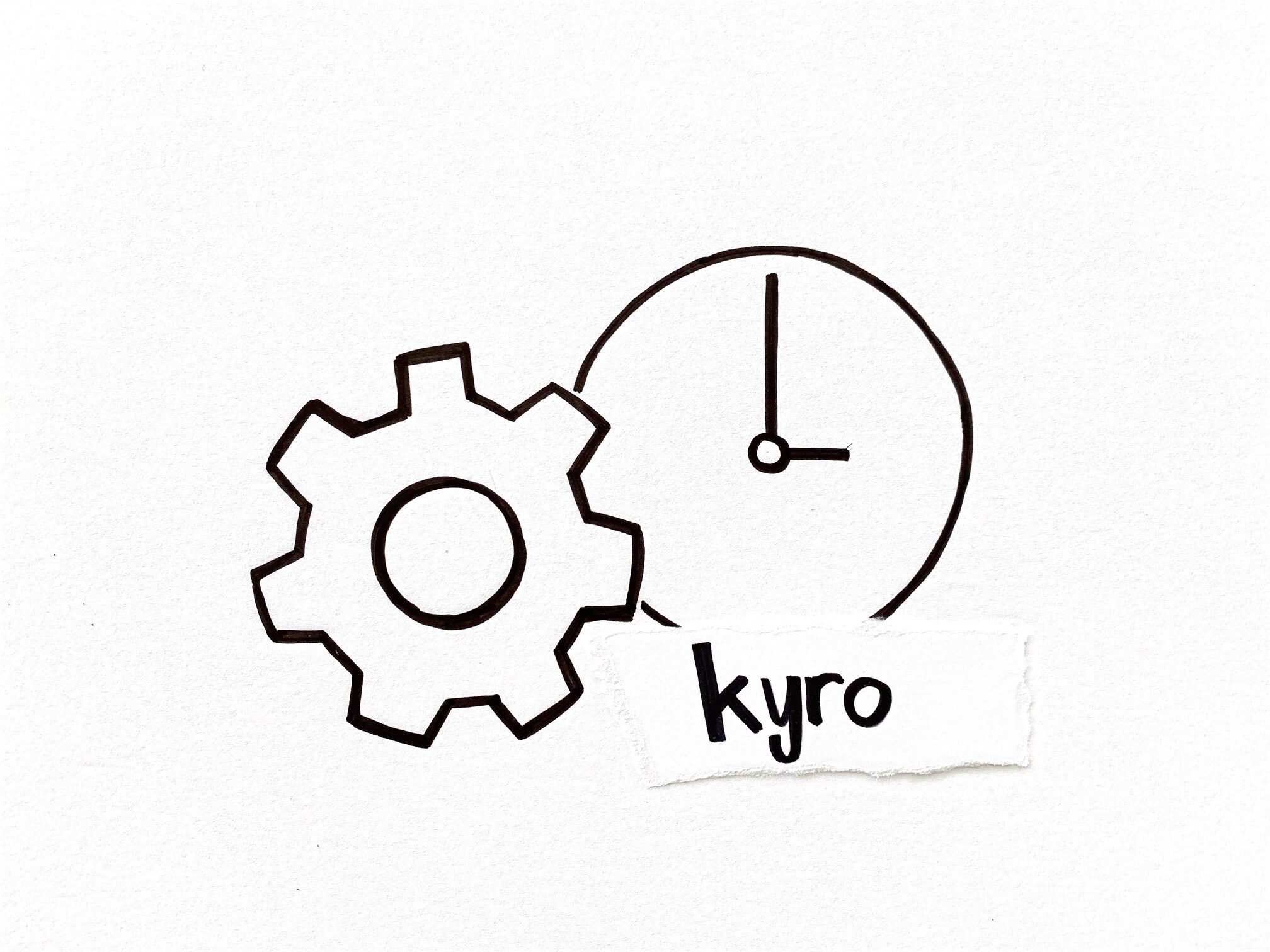 Skizze von einem Zahnrad und Uhr, darunter steht der Begriff kyro. Als Symbol für den Beitrag "kyro - das OpEx-Tool, das aus einer Prozessoptimierung heraus entstanden ist"