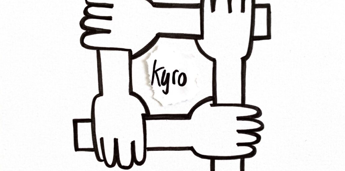 Vier skizzierte Hände, die sich in einem Viereck angeordnet halten, in der Mitte steht kyro - ein Symbol für die Abteilungsübergreifende Zusammenarbeit mit kyro