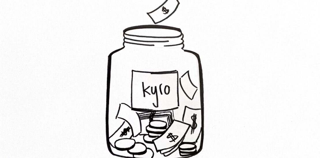 Skizze eines Glases voll mit Münzen und Noten, mit der Aufschrift kyro versehen - als Symbolbild für das Einsparen von Ressourcen mit kyro