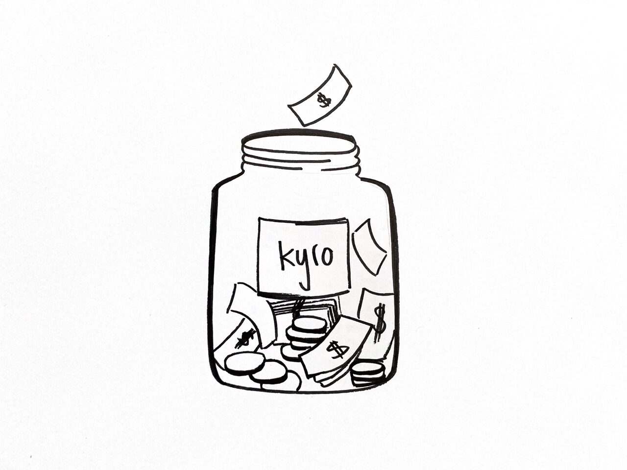 Skizze eines Glases voll mit Münzen und Noten, mit der Aufschrift kyro versehen - als Symbolbild für das Einsparen von Ressourcen mit kyro