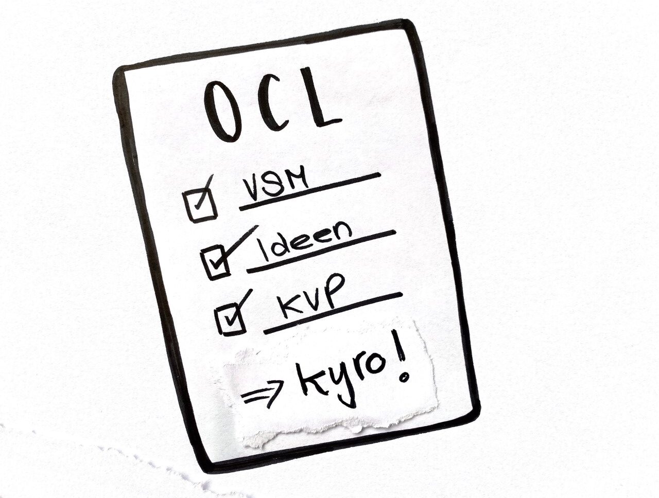 Eine skizzierte OCL mit den Punkten VSM, Ideen und KVP notiert, als Symbol für die Open Challenge List und ihre Anwendungsmöglichkeiten in kyro